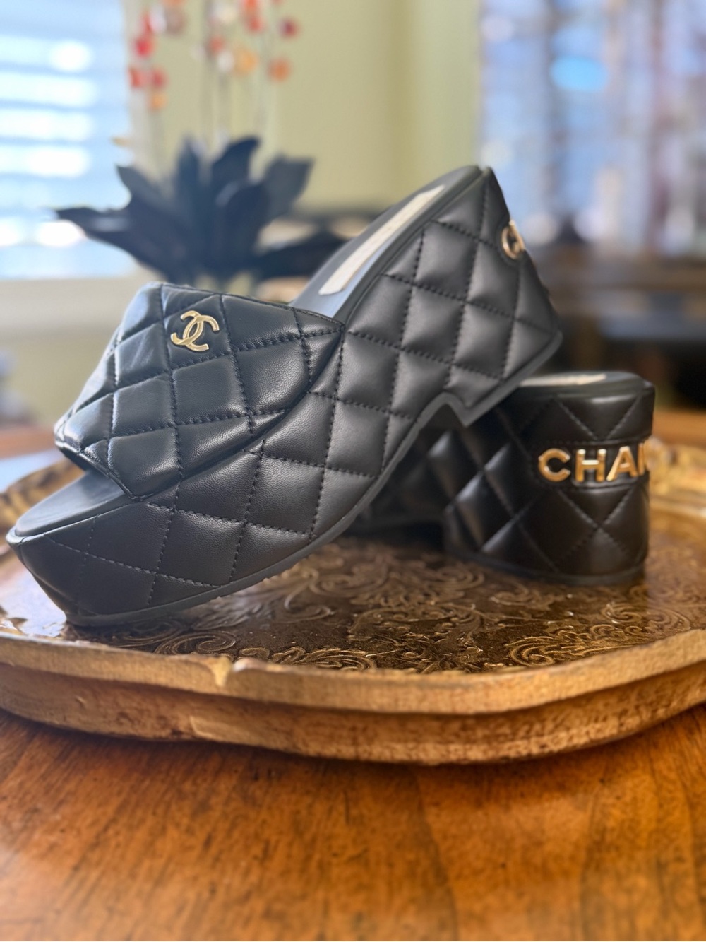 CHANEL Black Quilted Platform Slides-36C
